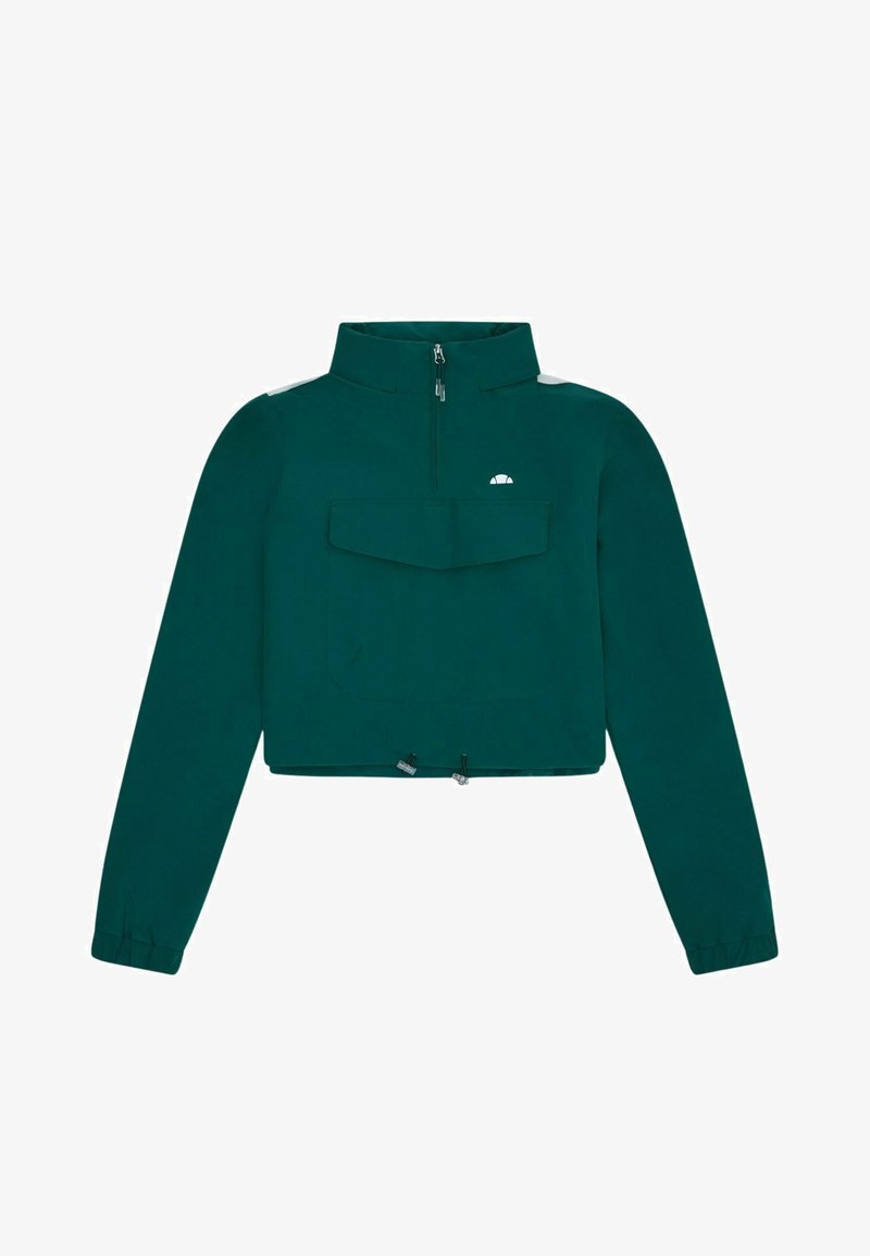 Pullover corto verde scuro con maniche lunghe, colletto alto, zip frontale, tascone con patta e orlo regolabile con coulisse.