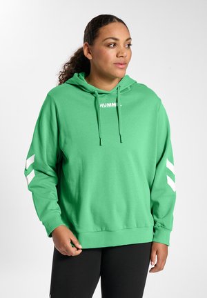 Grüne Kapuzenjacke mit Kordelzugkapuze, gerippten Bündchen und Saum. Enthält ein weißes Logo und Chevron-Akzente an den Ärmeln. Weiche Stofftextur.