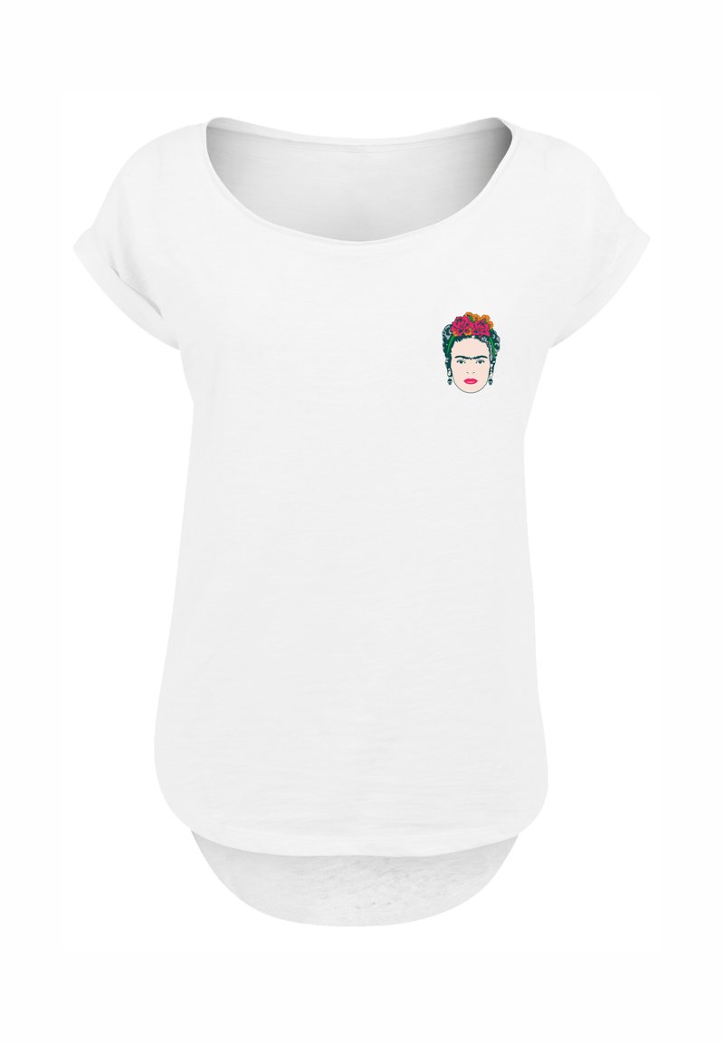 White women's scoop neck T-shirt featuring a small colorful illustration of a woman’s face with flowers in her hair on the left chest.