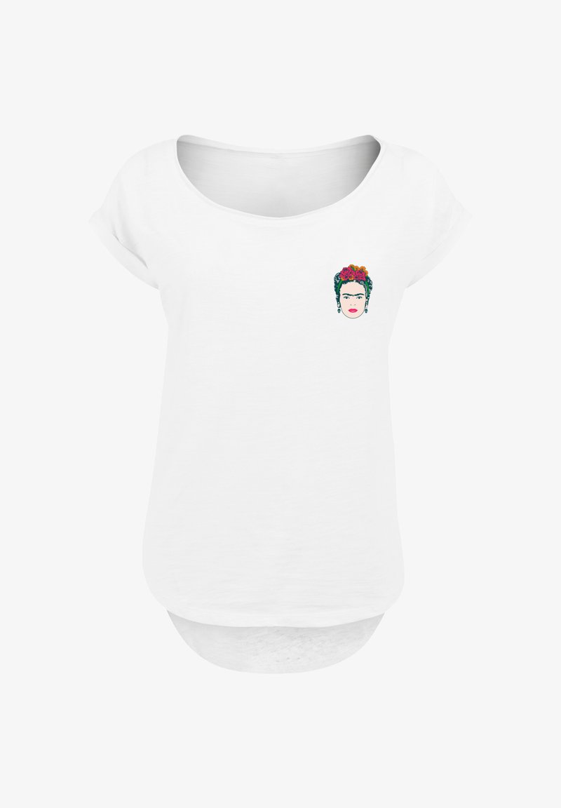White women's scoop neck T-shirt featuring a small colorful illustration of a woman’s face with flowers in her hair on the left chest.