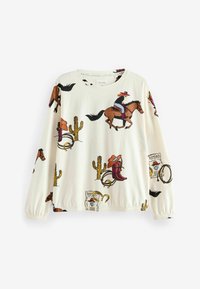 Hanorac alb cu ilustrații colorate inspirate de tematica cowboy și rodeo, inclusiv cai, cactuși, pălării și cizme. Manșete și tiv elastic.
