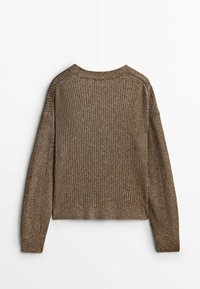 Brauner, gerippter Pullover mit langen Ärmeln, rundem Ausschnitt und einem strukturierten Strickmuster. Verfügt über eine verkürzte Passform und keine sichtbaren Verschlüsse.