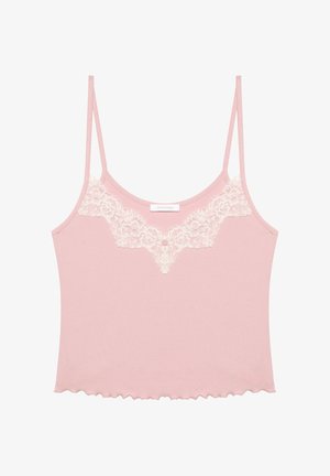 Light pink camisole with adjustable straps, featuring white floral lace detailing at the neckline and a scalloped hem at the bottom.