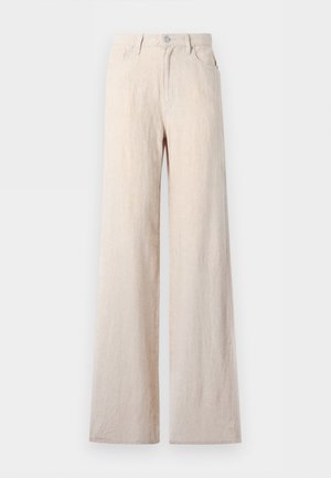 Pantalon beige taille haute à jambes larges avec boutons et fermeture éclair à l'avant, poches avant et arrière, présenté sur un fond clair.
