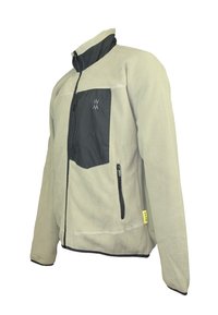 Veste en polaire gris clair avec une poche avant en nylon noir, une poche latérale zippée et un col montant. Dotée de coutures contrastées et de détails de marque.