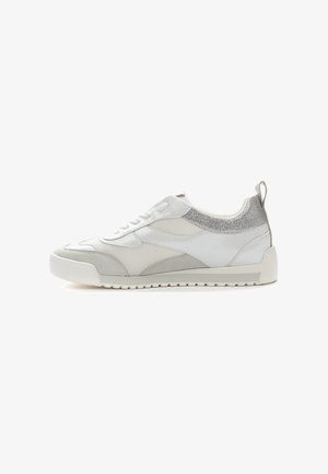 White and grey athletic shoe featuring mesh and suede materials, a textured heel, and a rubber outsole with a low profile.
