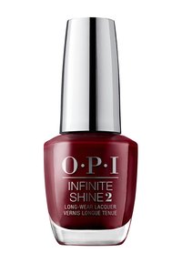 Lacque à ongles longue tenue OPI Infinite Shine 2 en rouge profond, flacon en verre carré avec un capuchon argenté et une finition brillante. Marquage à l'avant.