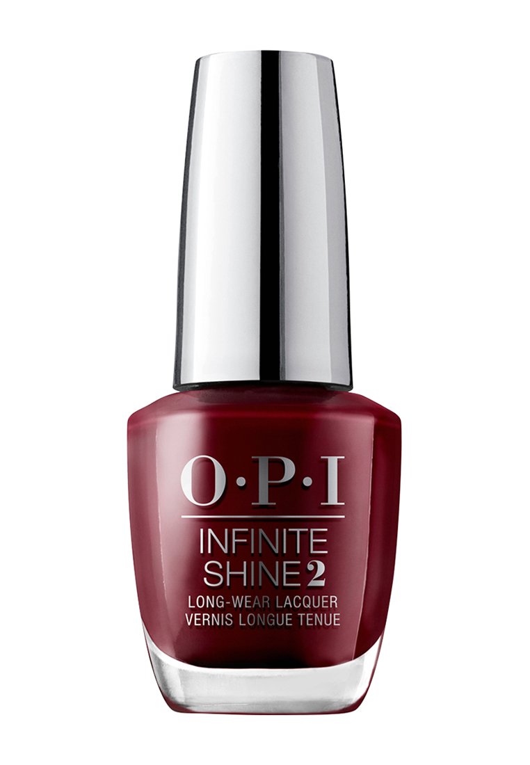 Lacque à ongles longue tenue OPI Infinite Shine 2 en rouge profond, flacon en verre carré avec un capuchon argenté et une finition brillante. Marquage à l'avant.