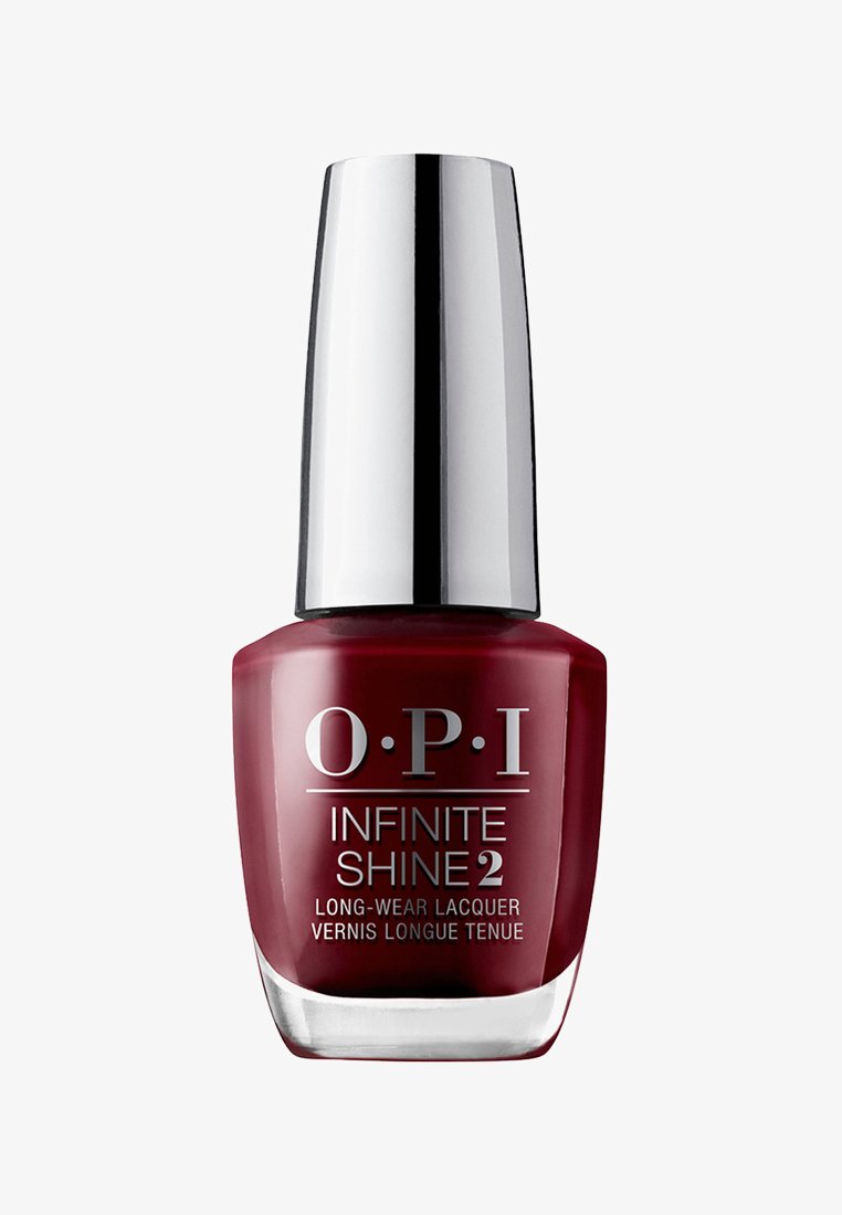 Lacque à ongles longue tenue OPI Infinite Shine 2 en rouge profond, flacon en verre carré avec un capuchon argenté et une finition brillante. Marquage à l'avant.