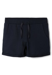 Bermudas de algodón azul marino con una cinturilla acanalada, cierre con cordón y dos bolsillos laterales. El dobladillo presenta un detalle de puño cosido.