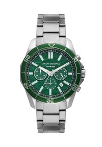 Orologio cronografo con quadrante verde e bracciale in acciaio inossidabile argentato, caratterizzato da una superficie decorata, display della data e indici delle ore luminescenti.