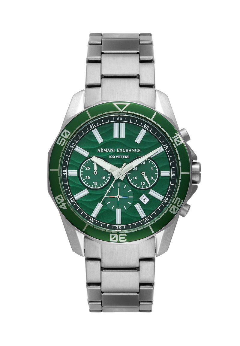 Orologio cronografo con quadrante verde e bracciale in acciaio inossidabile argentato, caratterizzato da una superficie decorata, display della data e indici delle ore luminescenti.