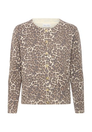 Svetr s leopardím vzorem v béžovej a hnedej farbe, vyrobený z jemného materiálu, s okrúhlym výstrihom, dlhými rukávmi a piatimi zlatými gombíkmi.