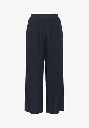 Hlače širokih nogavica iz lahkega mornarsko modrega blaga. Imajo elastičen pas in sproščen kroj, brez vidnih žepov ali okrasnih elementov.