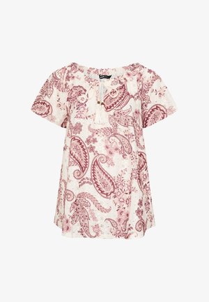 Biała bluzka z krótkim rękawem, z różowym nadrukiem w kwiatowy wzór paisley, z elastycznym dekoltem oraz wiązaniem z przodu ozdobionym frędzlami i koralikami.
