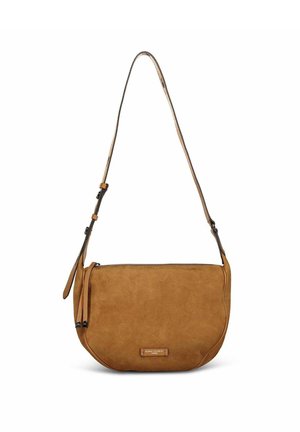 Borsa a tracolla in pelle marrone con forma arrotondata, superficie testurizzata, tracolla regolabile e chiusura con zip. Presenta un piccolo tag del marchio.