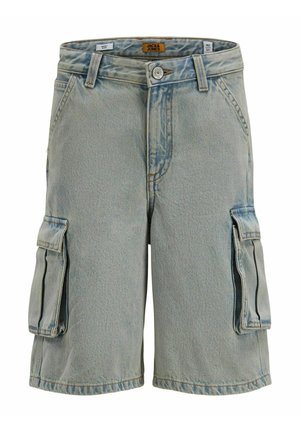 Shorts cargo en denim bleu clair avec deux grandes poches latérales, une taille standard et des détails de surpiqûre visibles.
