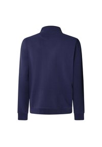 Felpa blu navy con colletto alto, maniche lunghe e polsini a coste. Tessuto liscio e design semplice senza loghi o motivi visibili.