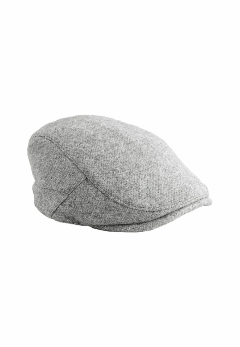Grijze wollen pet met een ronde vorm, voorzien van een gestikt bovenstuk en een licht gebogen rand. Zachte textuur met een subtiel patroon.