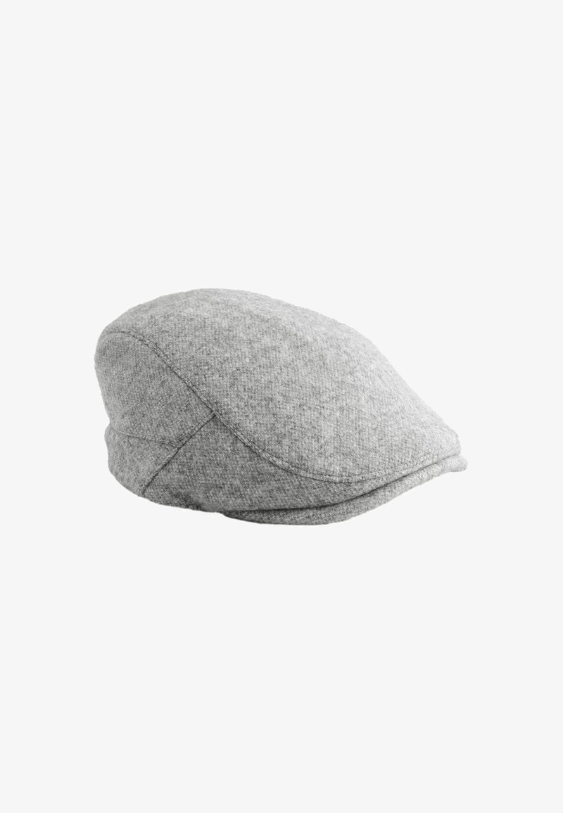 Cappello di lana grigio con una forma arrotondata, caratterizzato da una parte superiore cucita e una visiera leggermente curva. Tessuto morbido con un motivo sottile.
