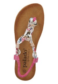 Infradito con motivo floreale, dotati di una cinghia rosa, suola in sughero e dettagli decorativi in metallo. La suola testurizzata offre grip e comfort.