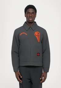 Grijze sweatshirtjacket met een voorrits, oranje borduursel van een ijsje en een rood logo-patch aan de zoom. Voorzien van een kraag.