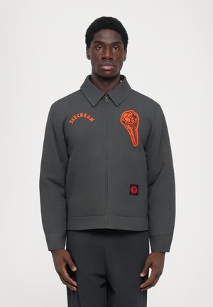 Grijze sweatshirtjacket met een voorrits, oranje borduursel van een ijsje en een rood logo-patch aan de zoom. Voorzien van een kraag.