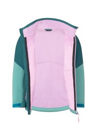 Giacca con esterno teal e verde menta, fodera in rete rosa, cerniera completa e colletto alto. Presenta tasche e una texture liscia.
