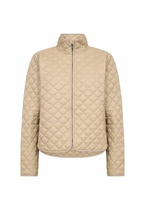 Tan quilted jacket with a high collar, full front zipper, and rounded hem. Features a diamond pattern and ribbed cuffs.