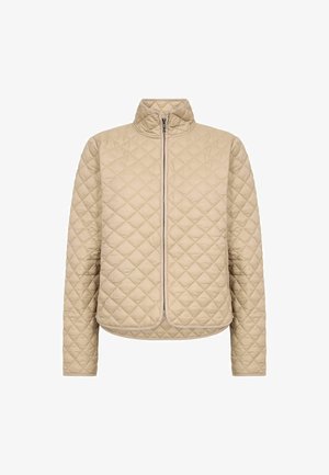 Veste matelassée beige avec un col montant, une fermeture éclair frontale complète et un ourlet arrondi. Caractérisée par un motif en losanges et des poignets côtelés.