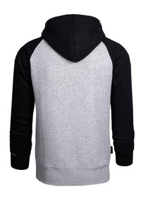 Hoodie met een zwarte capuchon en mouwen, grijze body, textuurstof en ribben bij de mouwen en onderkant.