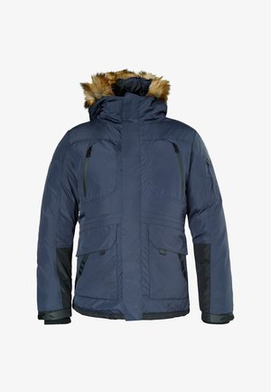 Marineblaue, isolierte Jacke mit einer mit Fell gefütterten Kapuze, zwei Fronttaschen und schwarzen Akzenten an den Ärmeln. Mit Reißverschluss und Druckknopfverschluss.