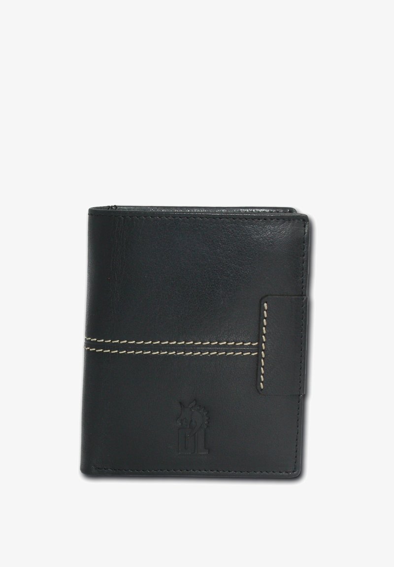 Black leather wallet with contrasting beige stitching, featuring a front flap and a debossed logo. Compact rectangular design.
