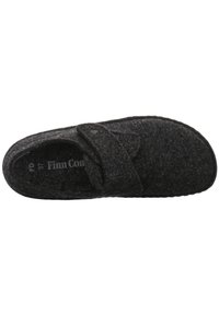 Black felt slipper with a rounded toe, adjustable strap, and textured upper surface. Features a padded insole for comfort.