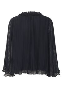 Blusa trasparente blu navy con pieghe verticali, maniche lunghe, collo alto arricciato e orlo fluido, vista posteriore.