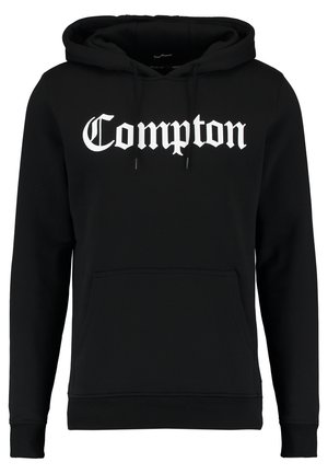 Mustmust, misestatud puuvilla segust, millel on julge serifikirjaga "Compton" valge print. Esiosas on kaetud kangaroo-tasku ja reguleeritav kapuuts.