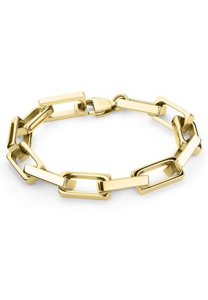 Bracelet en chaîne dorée avec des maillons rectangulaires au fini poli, présentant un design moderne entrelacé et un fermoir sécurisé.