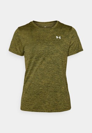 Green, short-sleeve t-shirt made of textured fabric with a heathered pattern. Features a white logo on the left chest area.