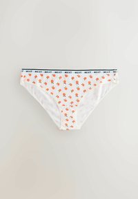 Culotte de bikini blanche avec imprimé de fruits orange et ceinture élastique noire et blanche imprimée du texte répété "NEXT".