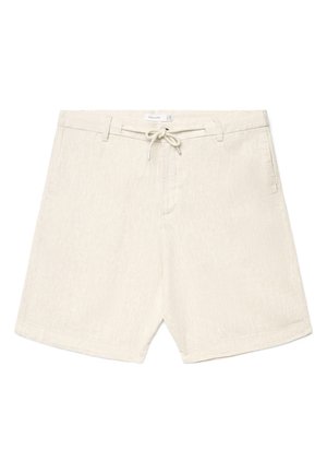 Beige Baumwollshorts mit Tunnelzugbund, Gürtelschlaufen, Vordertaschen und feiner Textur, dargestellt auf weißem Hintergrund.