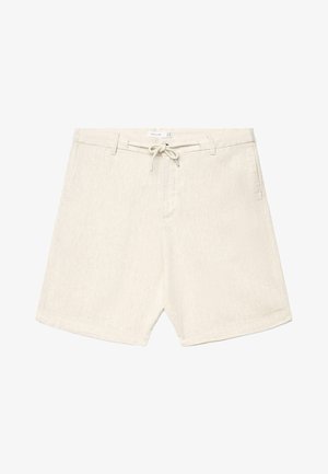 Beige Baumwollshorts mit Tunnelzugbund, Gürtelschlaufen, Vordertaschen und feiner Textur, dargestellt auf weißem Hintergrund.