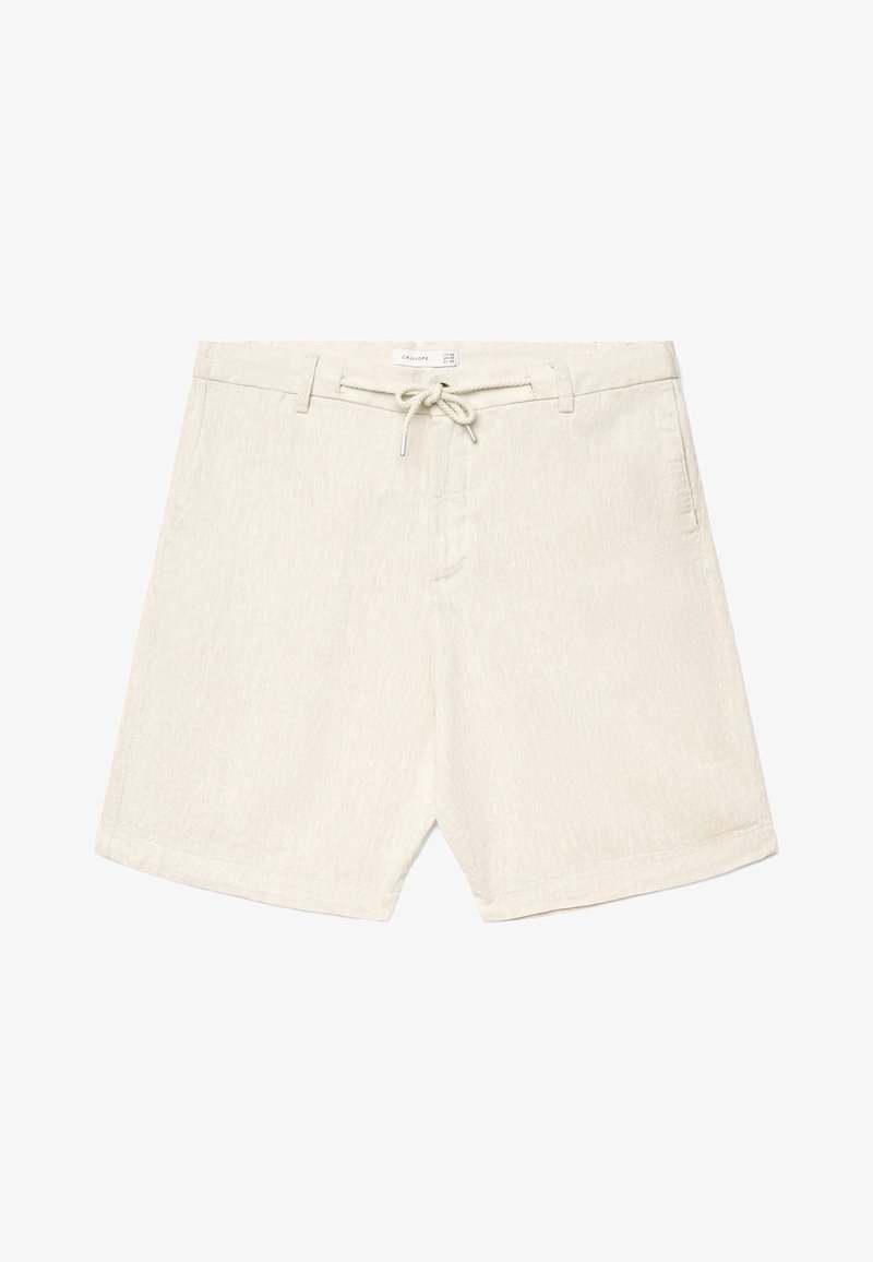Beige Baumwollshorts mit Tunnelzugbund, Gürtelschlaufen, Vordertaschen und feiner Textur, dargestellt auf weißem Hintergrund.