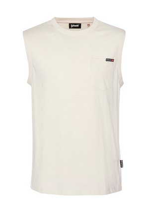 Mouwloze crèmekleurige t-shirt van een gladde stof, met een borstzakje en een klein logo label aan de zijkant voor extra detail.