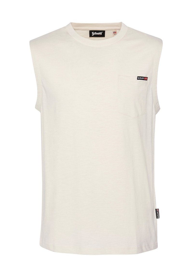 T-shirt senza maniche color crema in un tessuto morbido, caratterizzato da una tasca sul petto e un piccolo etichetta con logo sul lato per i dettagli.