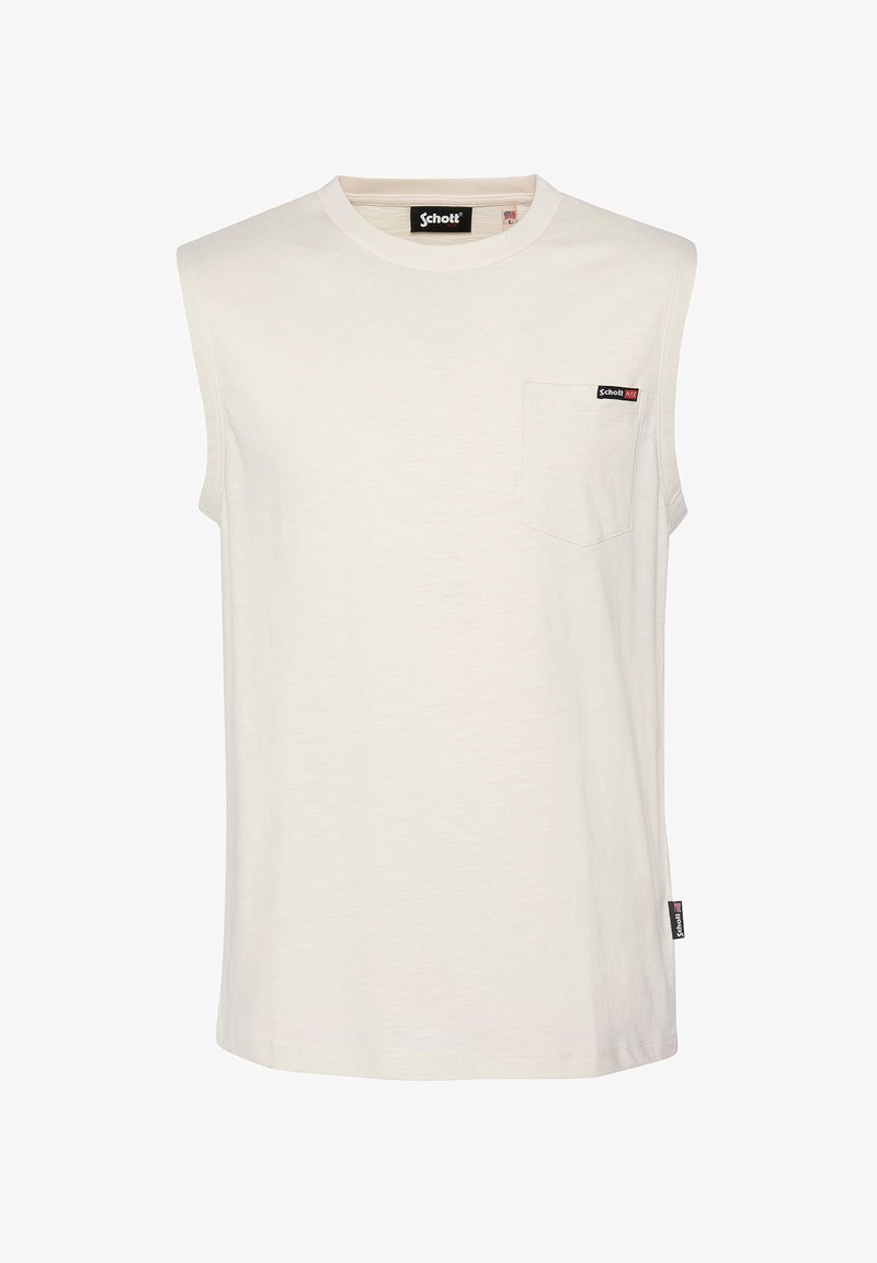 Mouwloze crèmekleurige t-shirt van een gladde stof, met een borstzakje en een klein logo label aan de zijkant voor extra detail.