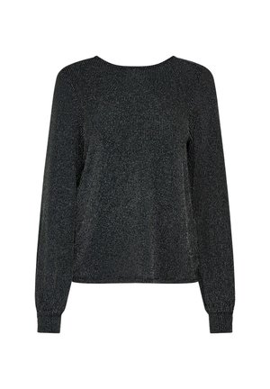 Czarna bluzka z długim rękawem wykonana z prążkowanej tkaniny z metaliczną nitką. Posiada okrągły dekolt i marszczone mankiety. Dopasowany, luźny krój.