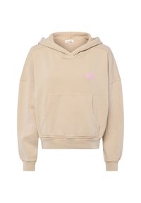 Beige cropped hoodie gemaakt van zacht materiaal, met een voorvak in kangoeroestijl en een roze "American Vintage" logo op de borst.