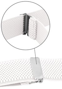 White elastic strap with textured surface and metal hardware. Features a zigzag clip for secure fastening. Close-up highlights attachment detail.