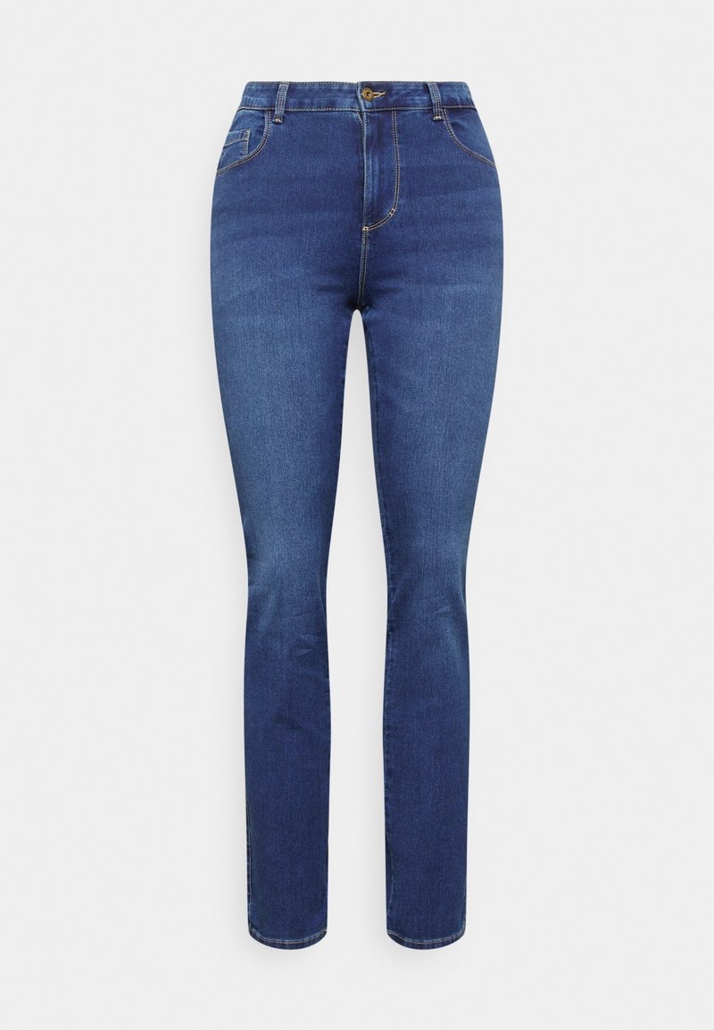 Vaqueros de mezclilla azul oscuro con corte slim, presentan un cierre de botón, trabillas para el cinturón y un diseño clásico de cinco bolsillos. Textura suave.