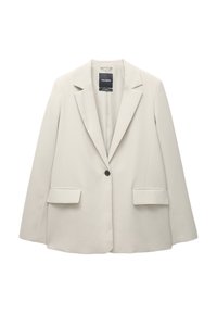 Jasno beżowa marynarka, dopasowany krój, klapy o prostokątnym kształcie, zapięcie na jeden czarny guzik, dwie przednie kieszenie, gładka faktura, lekko luźny fason.